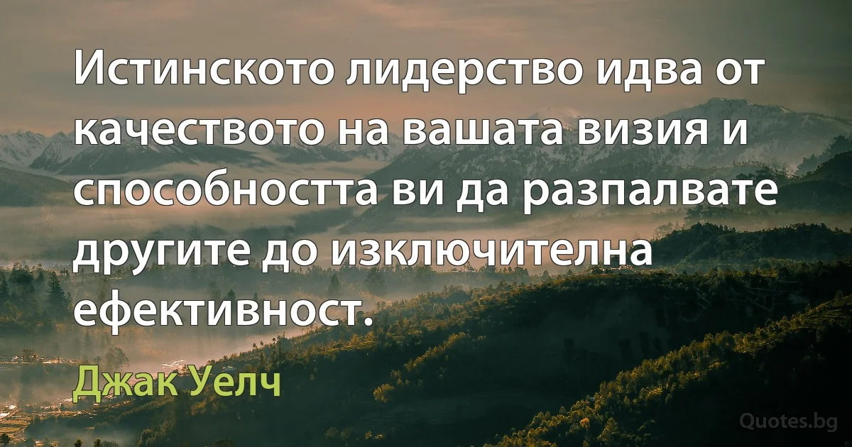 Истинското лидерство идва от качеството на вашата визия и способността ви да разпалвате другите до изключителна ефективност. (Джак Уелч)