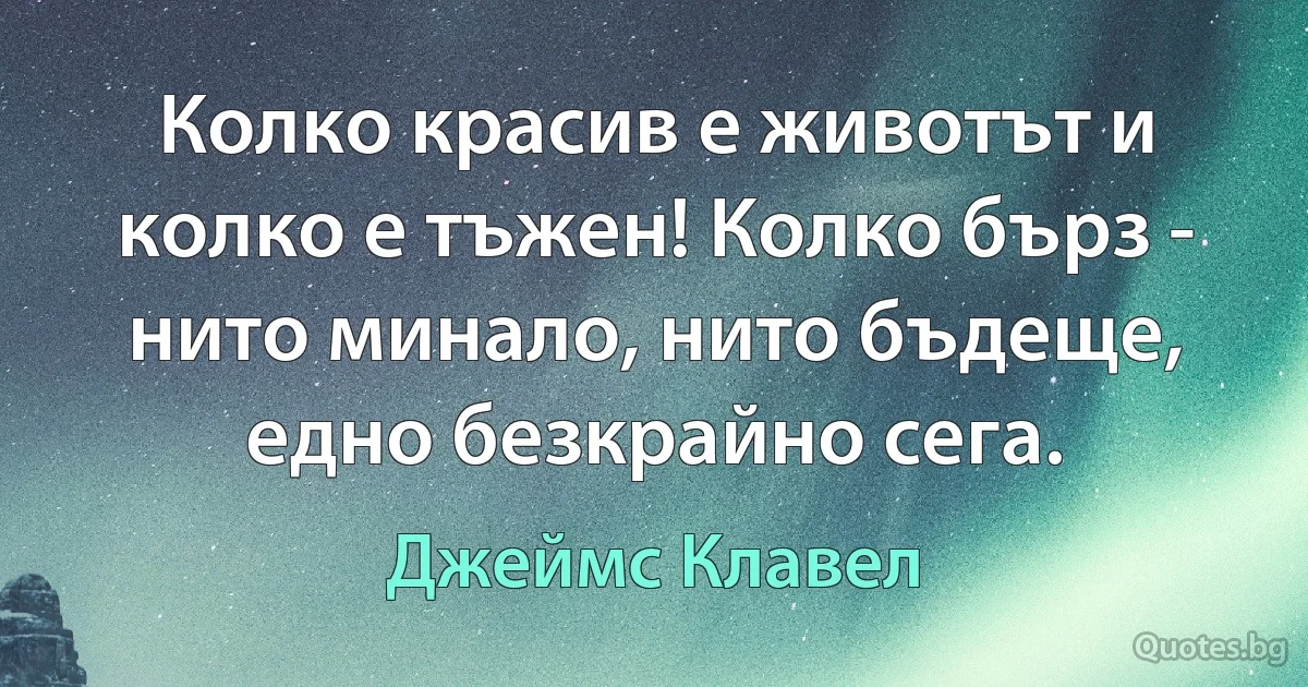 Колко красив е животът и колко е тъжен! Колко бърз - нито минало, нито бъдеще, едно безкрайно сега. (Джеймс Клавел)