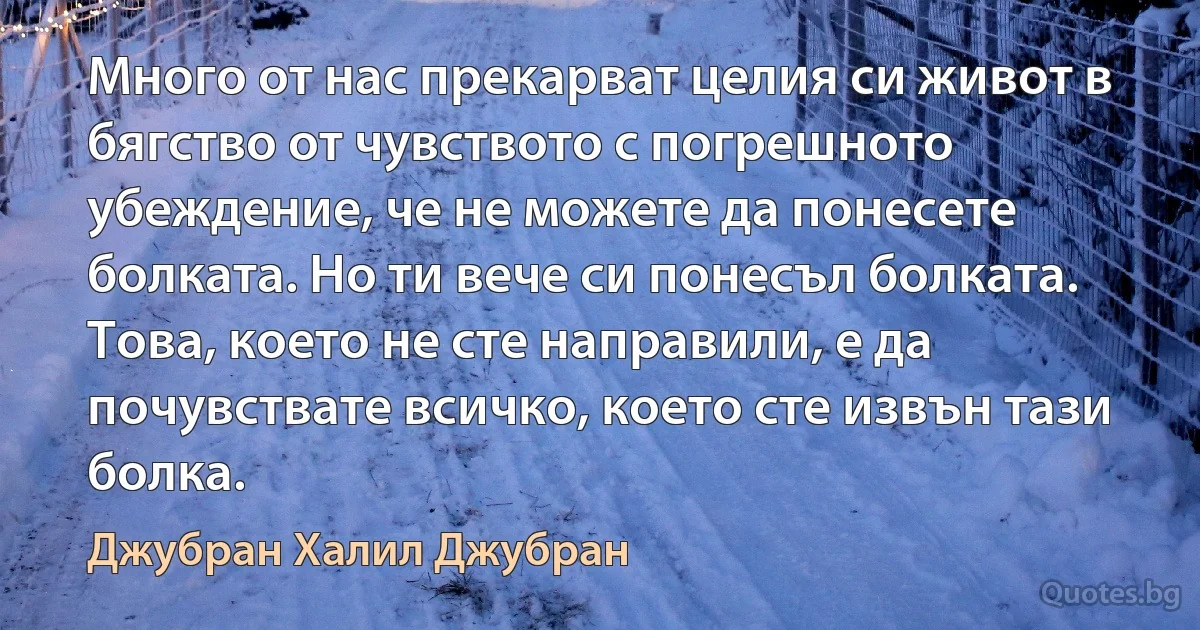 Много от нас прекарват целия си живот в бягство от чувството с погрешното убеждение, че не можете да понесете болката. Но ти вече си понесъл болката. Това, което не сте направили, е да почувствате всичко, което сте извън тази болка. (Джубран Халил Джубран)