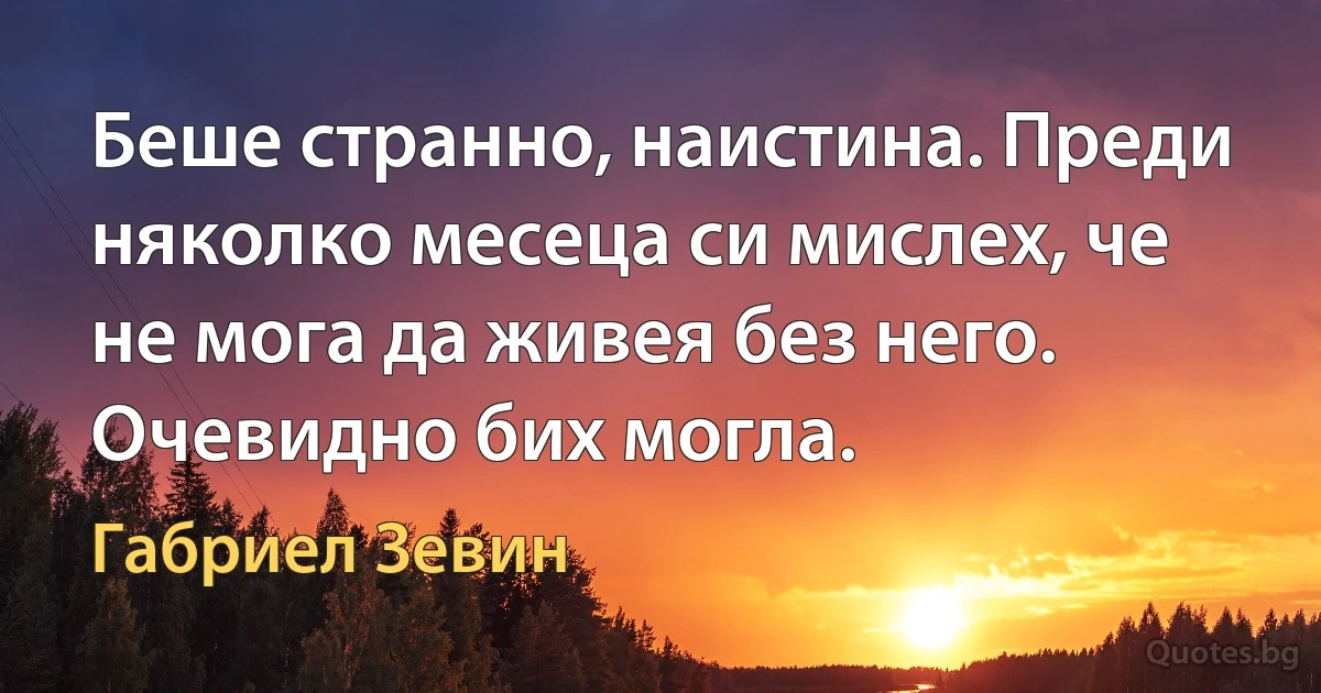 Беше странно, наистина. Преди няколко месеца си мислех, че не мога да живея без него. Очевидно бих могла. (Габриел Зевин)