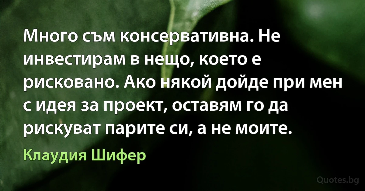 Много съм консервативна. Не инвестирам в нещо, което е рисковано. Ако някой дойде при мен с идея за проект, оставям го да рискуват парите си, а не моите. (Клаудия Шифер)