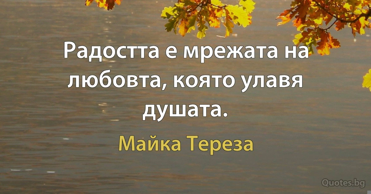 Радостта е мрежата на любовта, която улавя душата. (Майка Тереза)