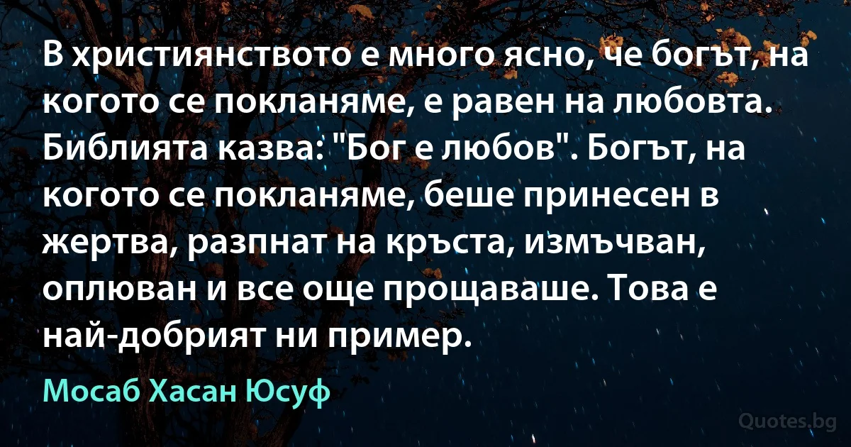 В християнството е много ясно, че богът, на когото се покланяме, е равен на любовта. Библията казва: "Бог е любов". Богът, на когото се покланяме, беше принесен в жертва, разпнат на кръста, измъчван, оплюван и все още прощаваше. Това е най-добрият ни пример. (Мосаб Хасан Юсуф)