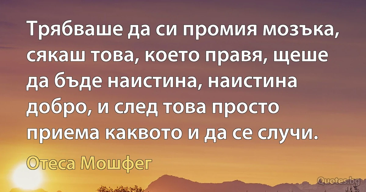 Трябваше да си промия мозъка, сякаш това, което правя, щеше да бъде наистина, наистина добро, и след това просто приема каквото и да се случи. (Отеса Мошфег)