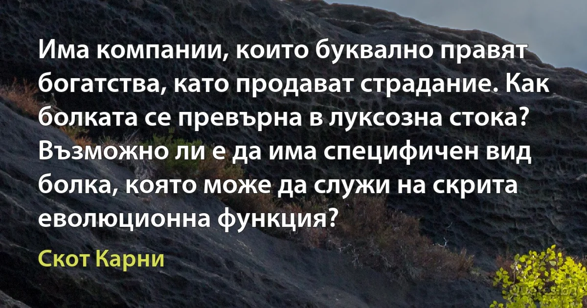 Има компании, които буквално правят богатства, като продават страдание. Как болката се превърна в луксозна стока? Възможно ли е да има специфичен вид болка, която може да служи на скрита еволюционна функция? (Скот Карни)