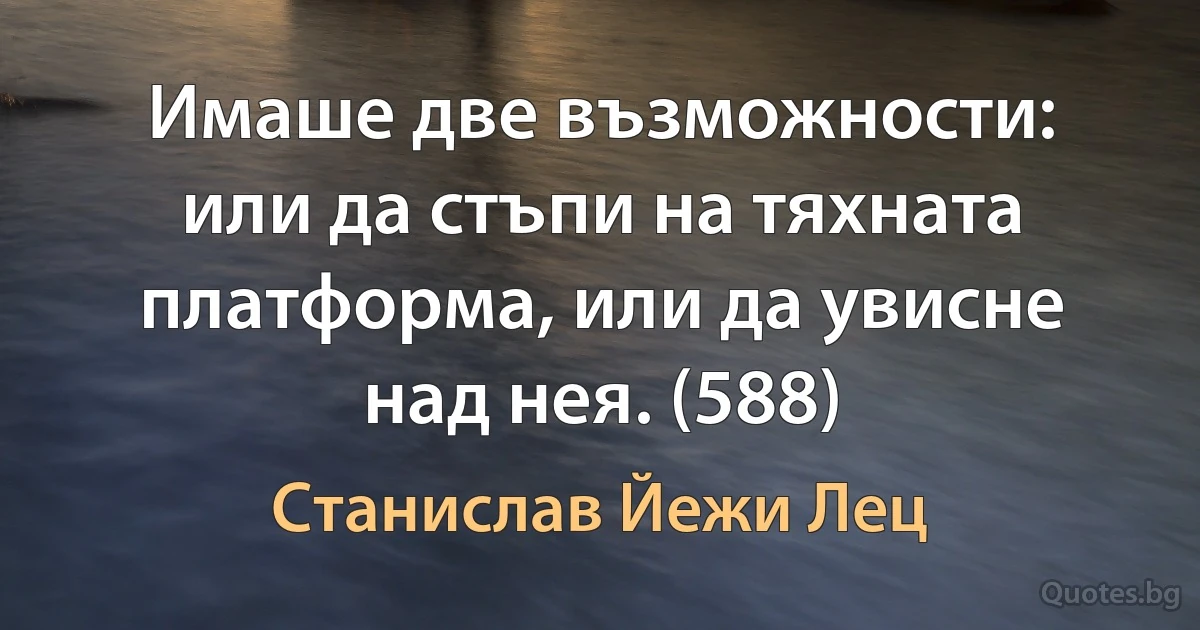 Имаше две възможности: или да стъпи на тяхната платформа, или да увисне над нея. (588) (Станислав Йежи Лец)