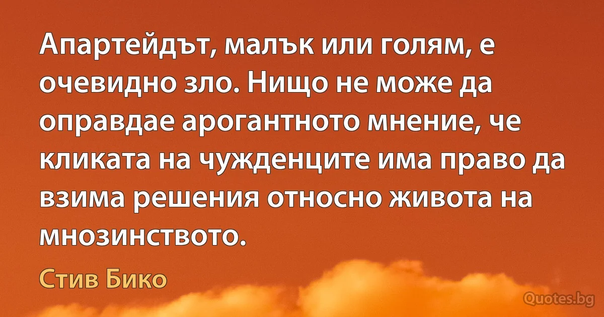 Апартейдът, малък или голям, е очевидно зло. Нищо не може да оправдае арогантното мнение, че кликата на чужденците има право да взима решения относно живота на мнозинството. (Стив Бико)