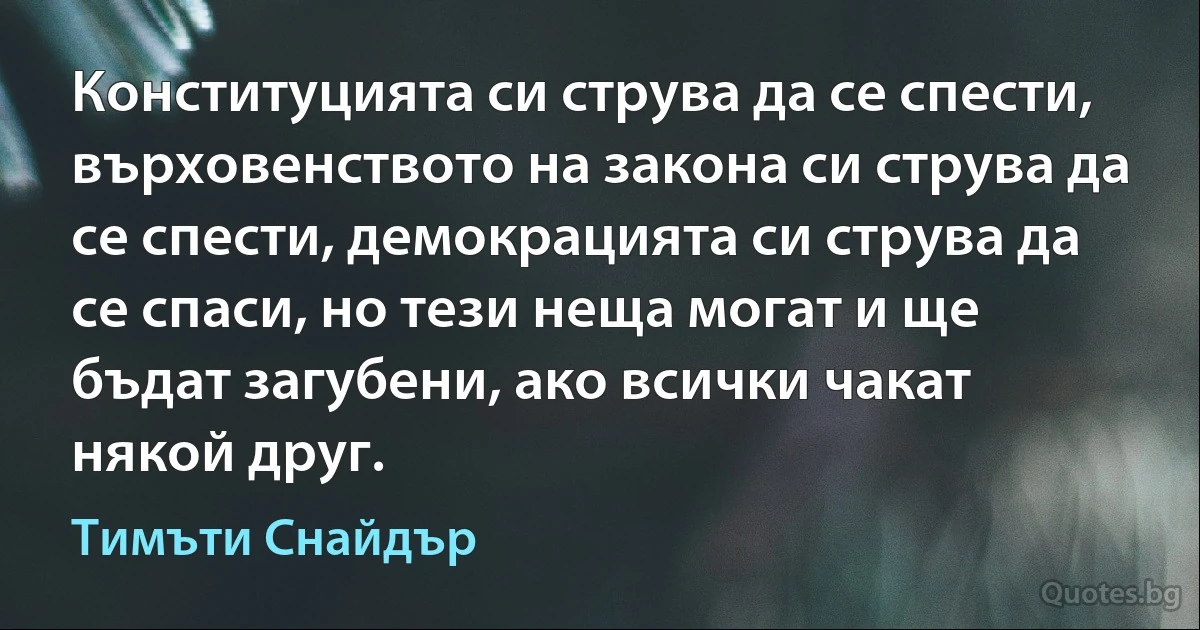 Конституцията си струва да се спести, върховенството на закона си струва да се спести, демокрацията си струва да се спаси, но тези неща могат и ще бъдат загубени, ако всички чакат някой друг. (Тимъти Снайдър)