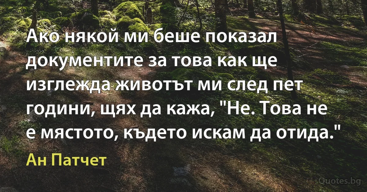 Ако някой ми беше показал документите за това как ще изглежда животът ми след пет години, щях да кажа, "Не. Това не е мястото, където искам да отида." (Ан Патчет)