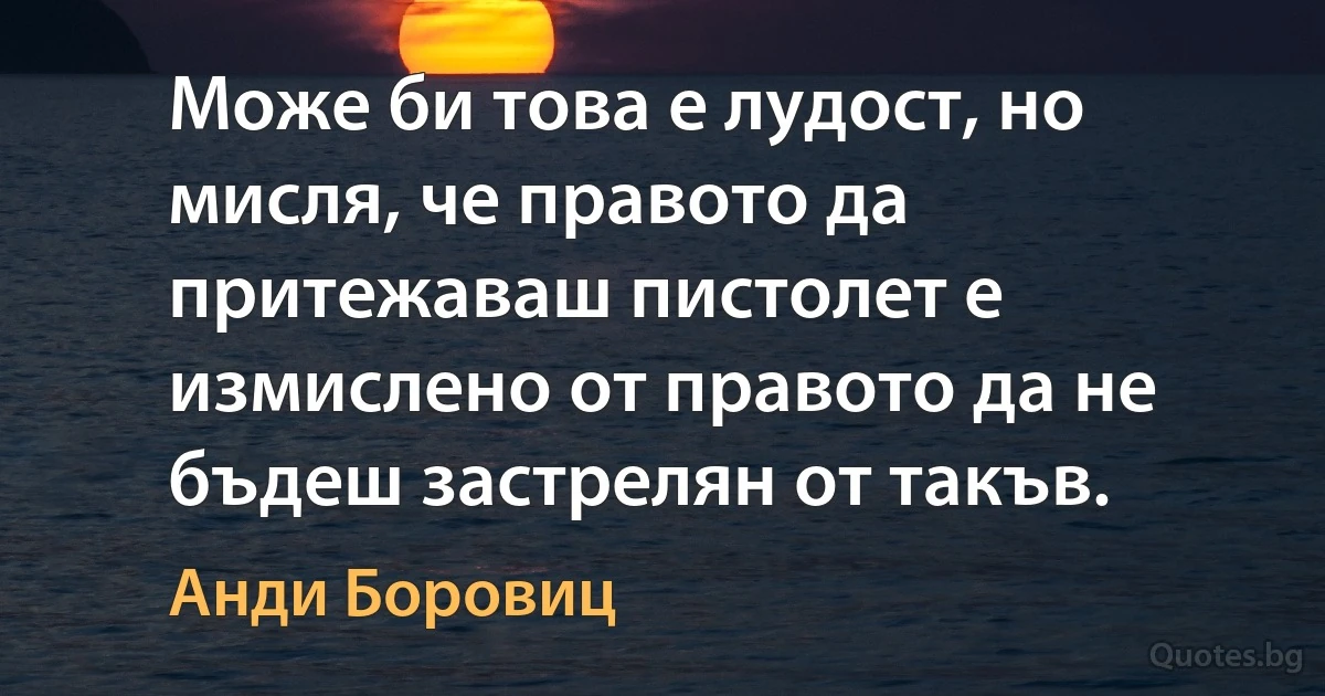 Може би това е лудост, но мисля, че правото да притежаваш пистолет е измислено от правото да не бъдеш застрелян от такъв. (Анди Боровиц)