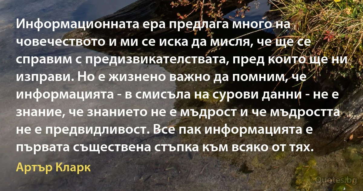 Информационната ера предлага много на човечеството и ми се иска да мисля, че ще се справим с предизвикателствата, пред които ще ни изправи. Но е жизнено важно да помним, че информацията - в смисъла на сурови данни - не е знание, че знанието не е мъдрост и че мъдростта не е предвидливост. Все пак информацията е първата съществена стъпка към всяко от тях. (Артър Кларк)