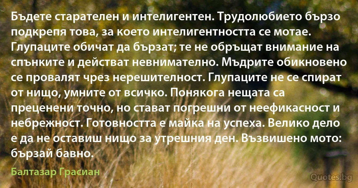 Бъдете старателен и интелигентен. Трудолюбието бързо подкрепя това, за което интелигентността се мотае. Глупаците обичат да бързат; те не обръщат внимание на спънките и действат невнимателно. Мъдрите обикновено се провалят чрез нерешителност. Глупаците не се спират от нищо, умните от всичко. Понякога нещата са преценени точно, но стават погрешни от неефикасност и небрежност. Готовността е майка на успеха. Велико дело е да не оставиш нищо за утрешния ден. Възвишено мото: бързай бавно. (Балтазар Грасиан)