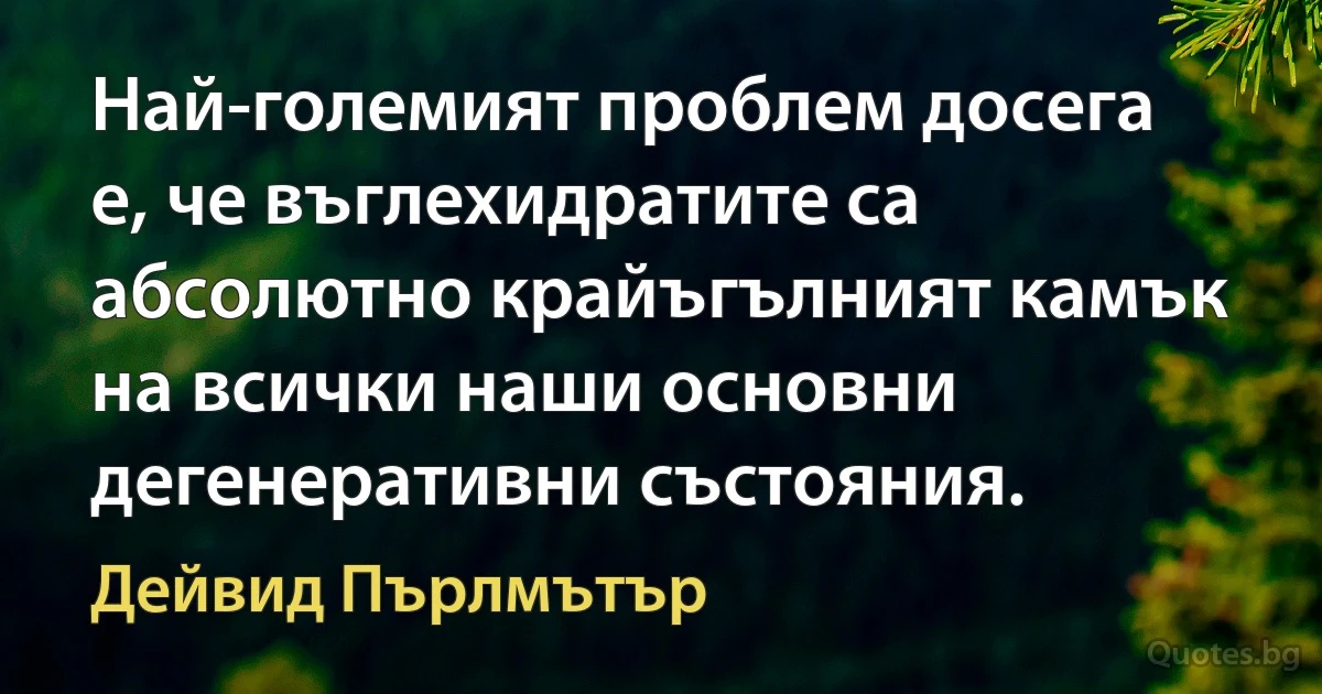 Най-големият проблем досега е, че въглехидратите са абсолютно крайъгълният камък на всички наши основни дегенеративни състояния. (Дейвид Пърлмътър)