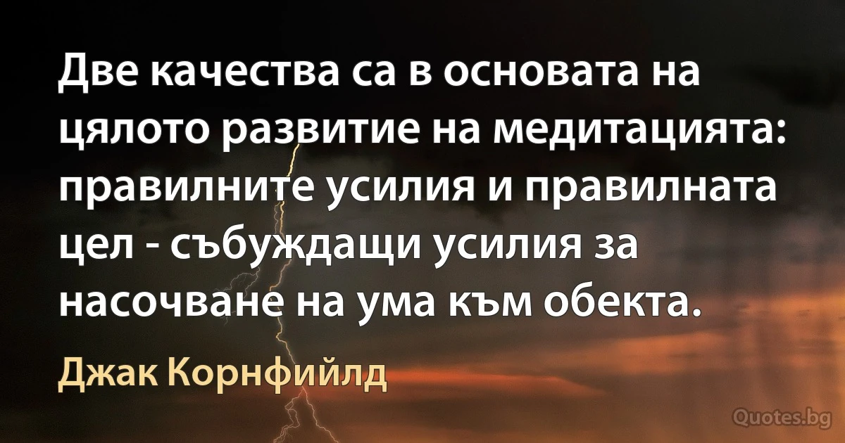 Две качества са в основата на цялото развитие на медитацията: правилните усилия и правилната цел - събуждащи усилия за насочване на ума към обекта. (Джак Корнфийлд)