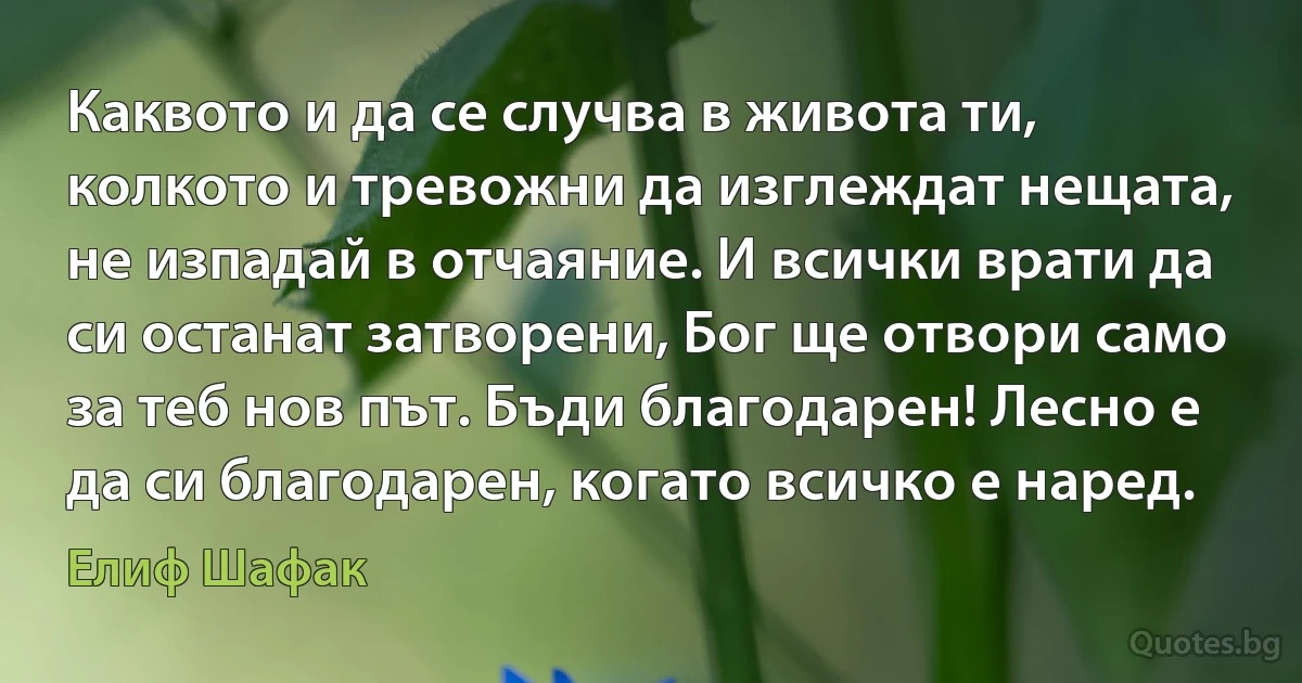 Каквото и да се случва в живота ти, колкото и тревожни да изглеждат нещата, не изпадай в отчаяние. И всички врати да си останат затворени, Бог ще отвори само за теб нов път. Бъди благодарен! Лесно е да си благодарен, когато всичко е наред. (Елиф Шафак)