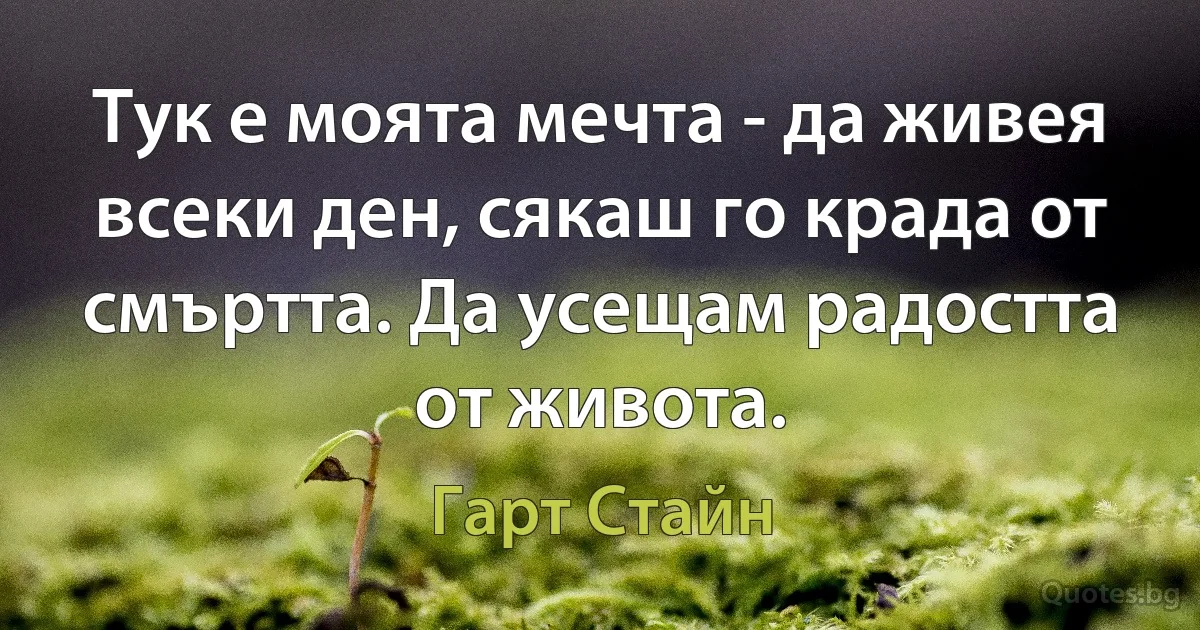 Тук е моята мечта - да живея всеки ден, сякаш го крада от смъртта. Да усещам радостта от живота. (Гарт Стайн)