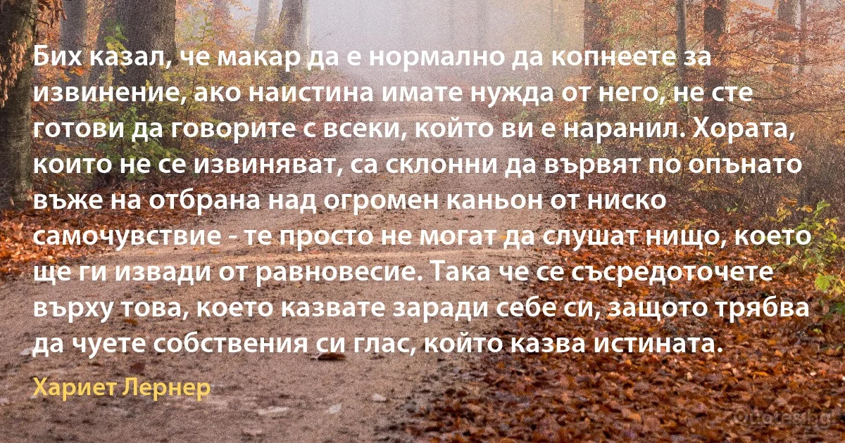 Бих казал, че макар да е нормално да копнеете за извинение, ако наистина имате нужда от него, не сте готови да говорите с всеки, който ви е наранил. Хората, които не се извиняват, са склонни да вървят по опънато въже на отбрана над огромен каньон от ниско самочувствие - те просто не могат да слушат нищо, което ще ги извади от равновесие. Така че се съсредоточете върху това, което казвате заради себе си, защото трябва да чуете собствения си глас, който казва истината. (Хариет Лернер)