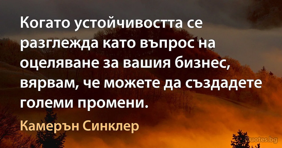 Когато устойчивостта се разглежда като въпрос на оцеляване за вашия бизнес, вярвам, че можете да създадете големи промени. (Камерън Синклер)