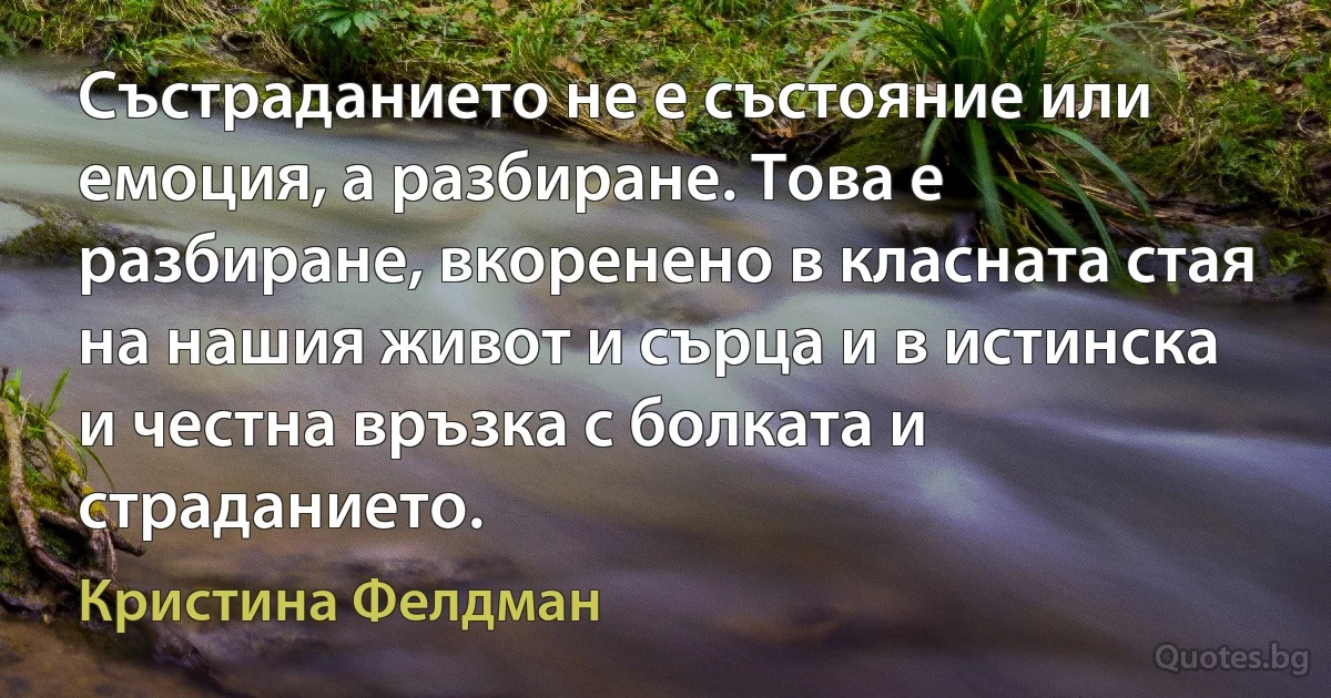 Състраданието не е състояние или емоция, а разбиране. Това е разбиране, вкоренено в класната стая на нашия живот и сърца и в истинска и честна връзка с болката и страданието. (Кристина Фелдман)