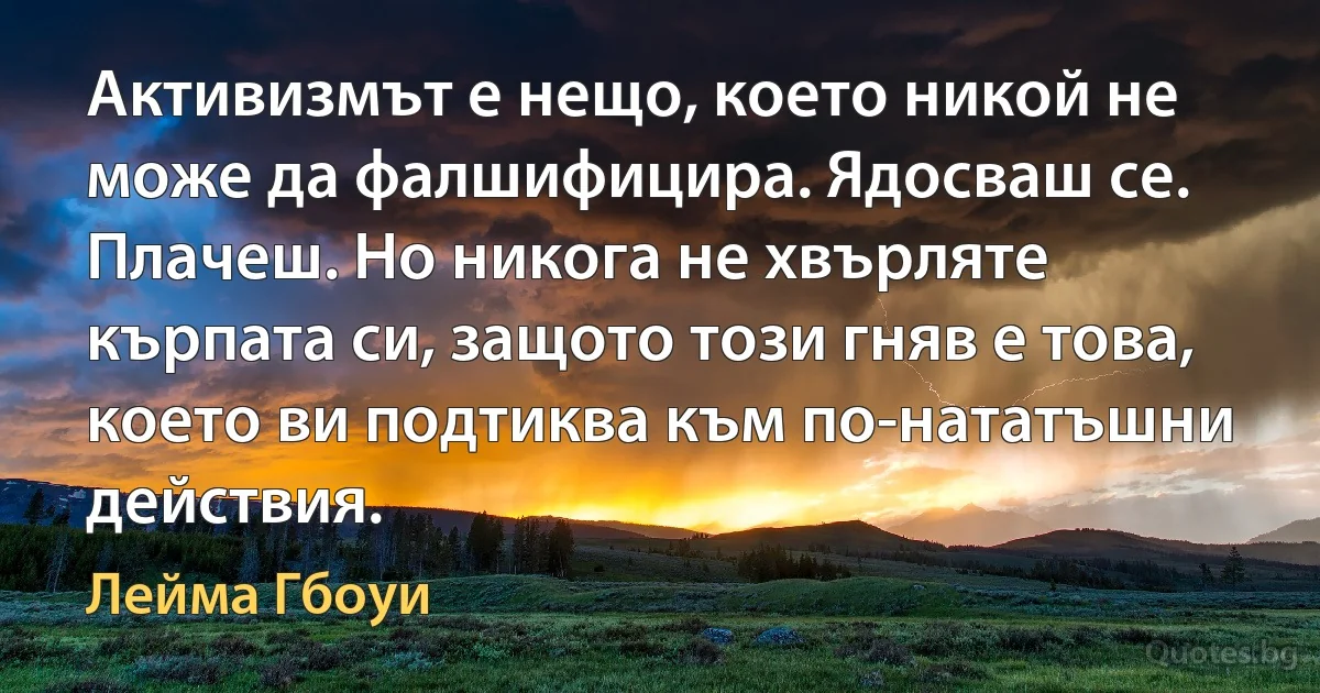 Активизмът е нещо, което никой не може да фалшифицира. Ядосваш се. Плачеш. Но никога не хвърляте кърпата си, защото този гняв е това, което ви подтиква към по-нататъшни действия. (Лейма Гбоуи)