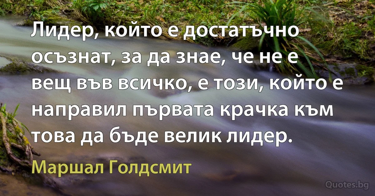 Лидер, който е достатъчно осъзнат, за да знае, че не е вещ във всичко, е този, който е направил първата крачка към това да бъде велик лидер. (Маршал Голдсмит)