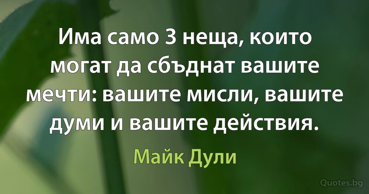 Има само 3 неща, които могат да сбъднат вашите мечти: вашите мисли, вашите думи и вашите действия. (Майк Дули)