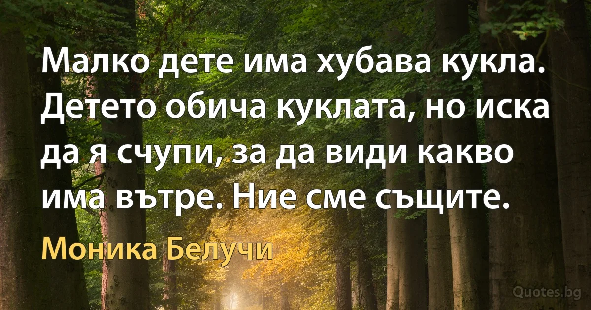 Малко дете има хубава кукла. Детето обича куклата, но иска да я счупи, за да види какво има вътре. Ние сме същите. (Моника Белучи)