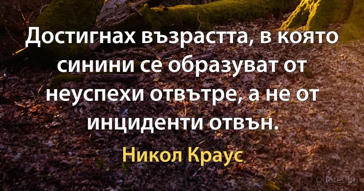 Достигнах възрастта, в която синини се образуват от неуспехи отвътре, а не от инциденти отвън. (Никол Краус)