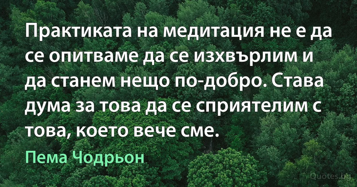 Практиката на медитация не е да се опитваме да се изхвърлим и да станем нещо по-добро. Става дума за това да се сприятелим с това, което вече сме. (Пема Чодрьон)