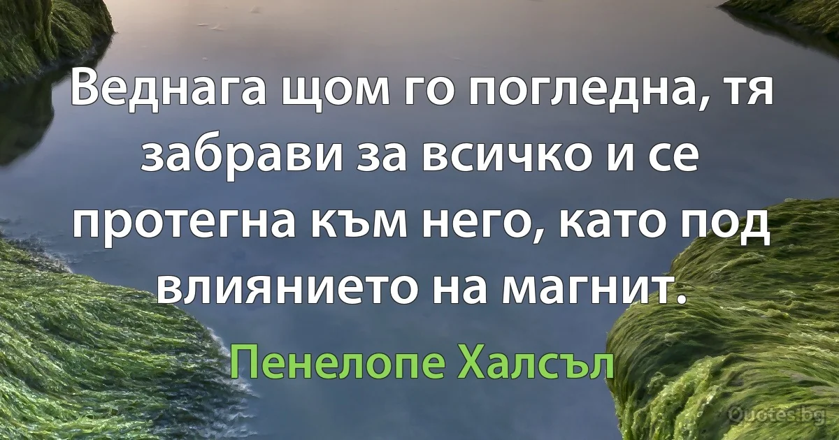 Веднага щом го погледна, тя забрави за всичко и се протегна към него, като под влиянието на магнит. (Пенелопе Халсъл)