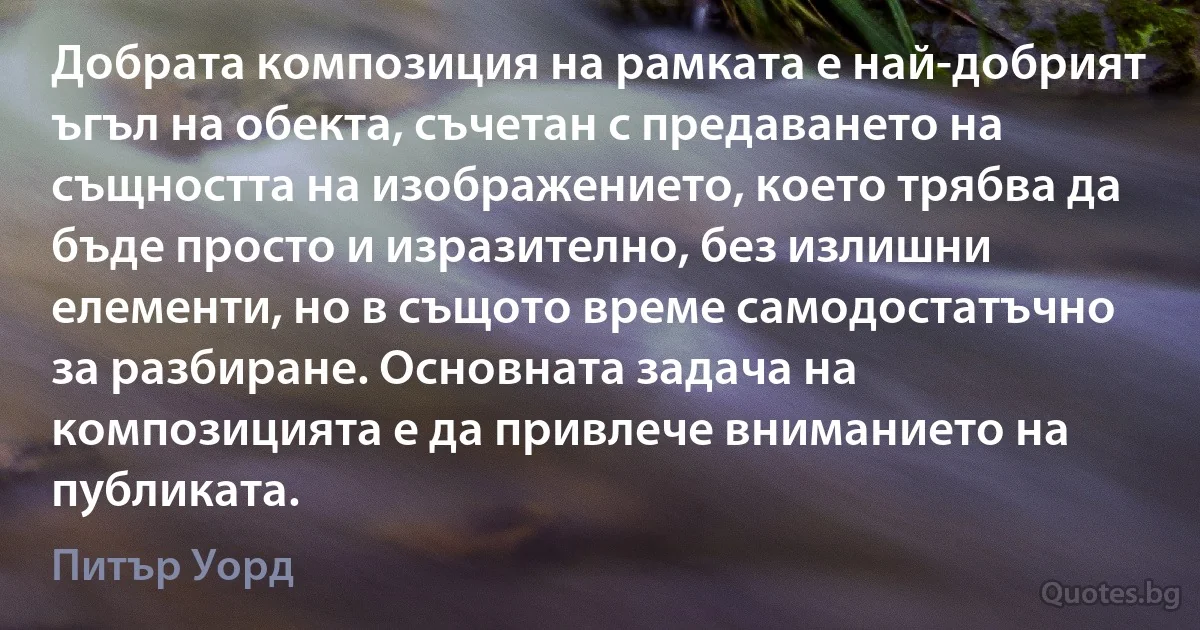 Добрата композиция на рамката е най-добрият ъгъл на обекта, съчетан с предаването на същността на изображението, което трябва да бъде просто и изразително, без излишни елементи, но в същото време самодостатъчно за разбиране. Основната задача на композицията е да привлече вниманието на публиката. (Питър Уорд)