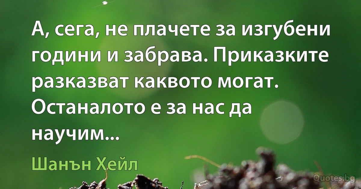 А, сега, не плачете за изгубени години и забрава. Приказките разказват каквото могат. Останалото е за нас да научим... (Шанън Хейл)