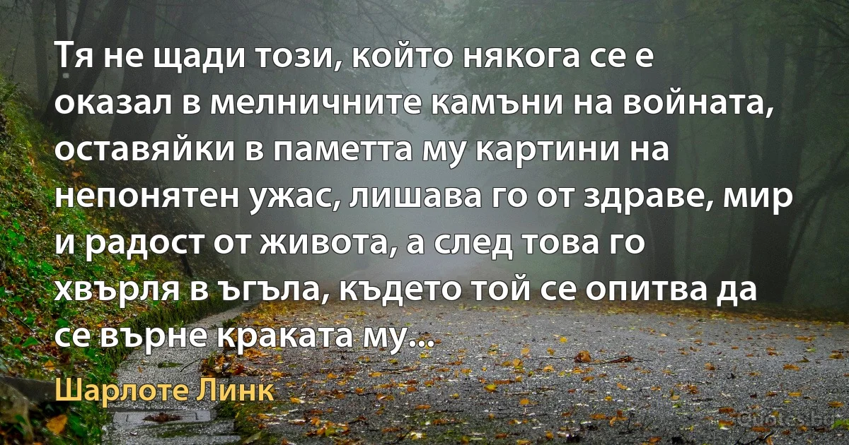 Тя не щади този, който някога се е оказал в мелничните камъни на войната, оставяйки в паметта му картини на непонятен ужас, лишава го от здраве, мир и радост от живота, а след това го хвърля в ъгъла, където той се опитва да се върне краката му... (Шарлоте Линк)