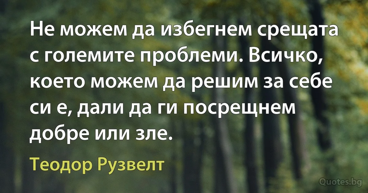 Не можем да избегнем срещата с големите проблеми. Всичко, което можем да решим за себе си е, дали да ги посрещнем добре или зле. (Теодор Рузвелт)