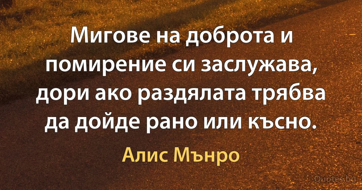 Мигове на доброта и помирение си заслужава, дори ако раздялата трябва да дойде рано или късно. (Алис Мънро)