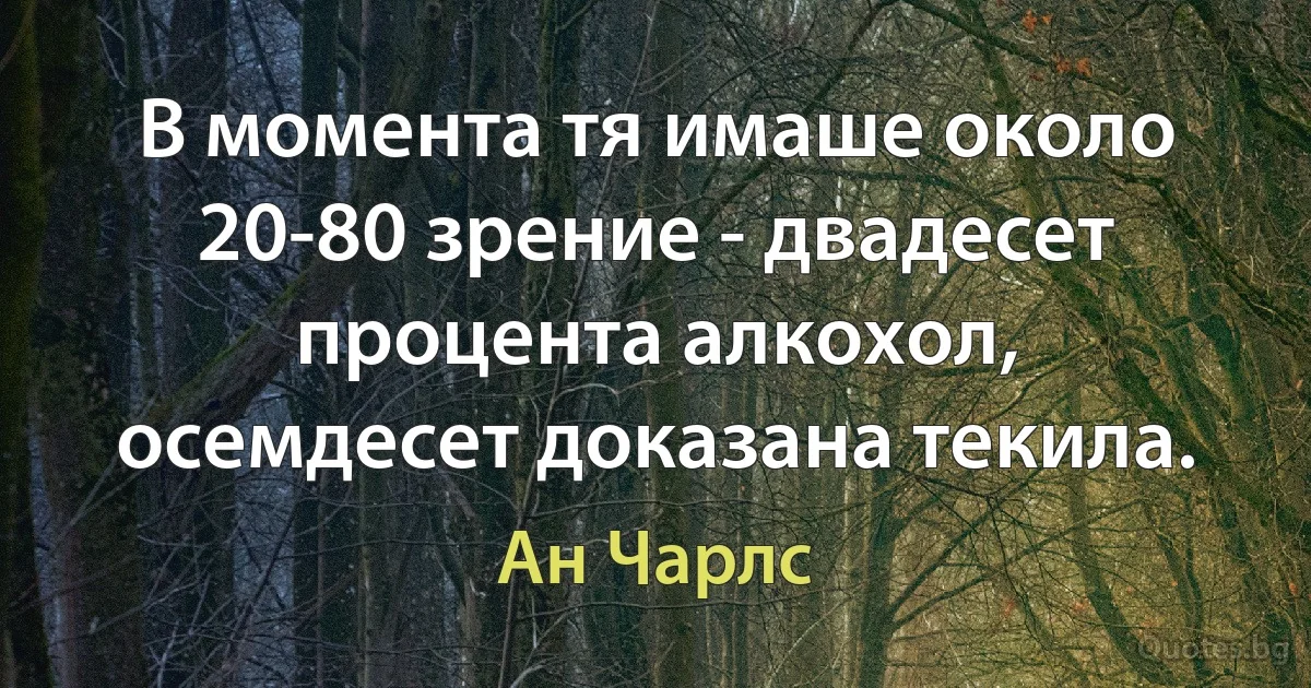 В момента тя имаше около 20-80 зрение - двадесет процента алкохол, осемдесет доказана текила. (Ан Чарлс)