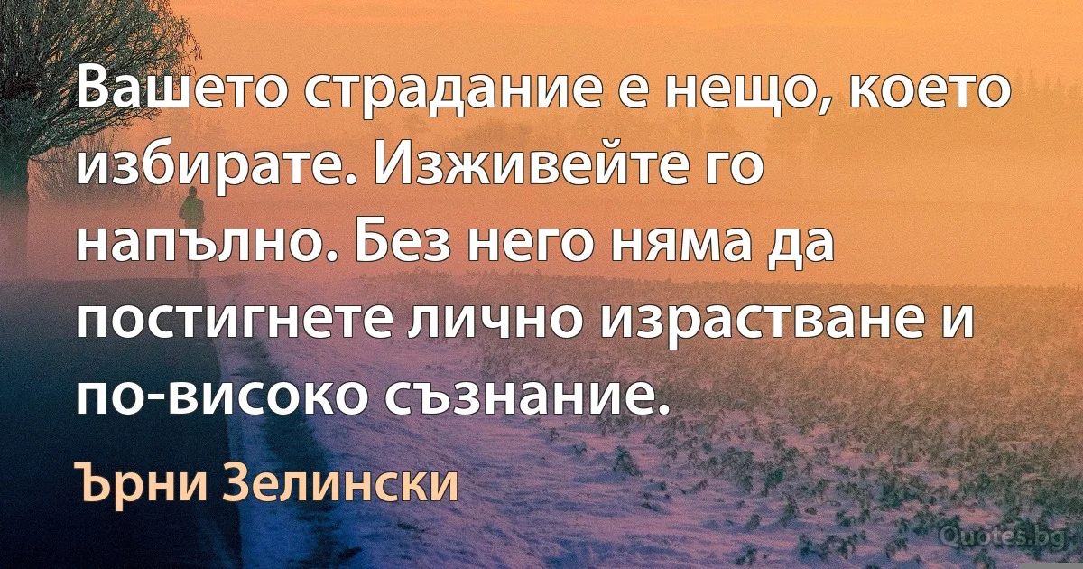 Вашето страдание е нещо, което избирате. Изживейте го напълно. Без него няма да постигнете лично израстване и по-високо съзнание. (Ърни Зелински)