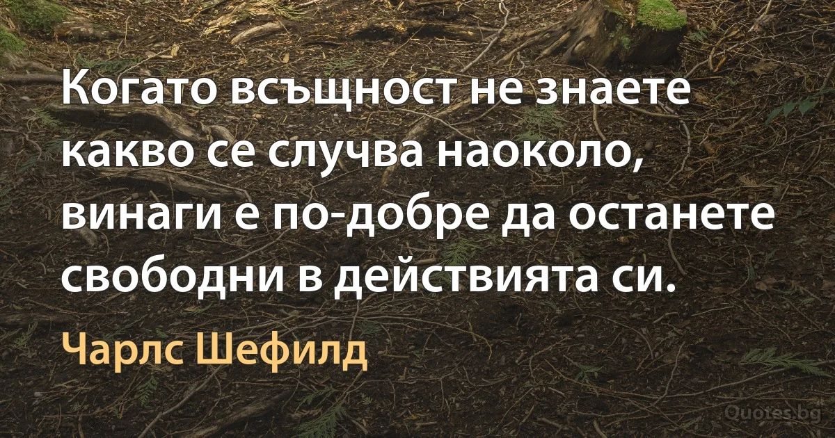 Когато всъщност не знаете какво се случва наоколо, винаги е по-добре да останете свободни в действията си. (Чарлс Шефилд)