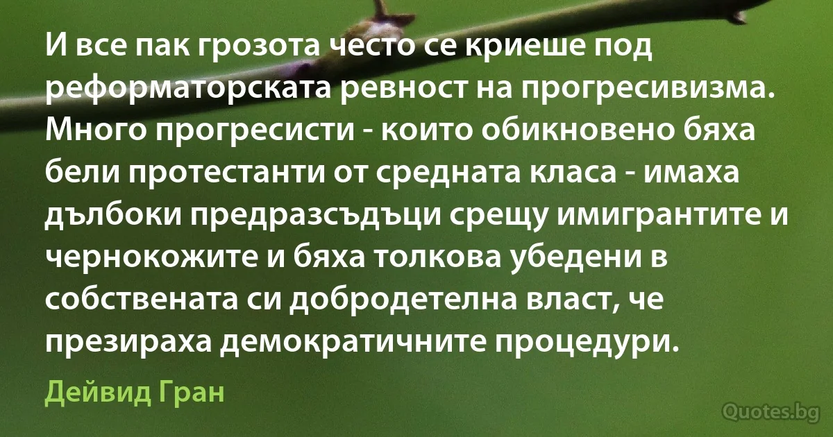 И все пак грозота често се криеше под реформаторската ревност на прогресивизма. Много прогресисти - които обикновено бяха бели протестанти от средната класа - имаха дълбоки предразсъдъци срещу имигрантите и чернокожите и бяха толкова убедени в собствената си добродетелна власт, че презираха демократичните процедури. (Дейвид Гран)