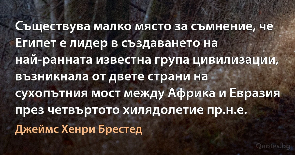 Съществува малко място за съмнение, че Египет е лидер в създаването на най-ранната известна група цивилизации, възникнала от двете страни на сухопътния мост между Африка и Евразия през четвъртото хилядолетие пр.н.е. (Джеймс Хенри Брестед)