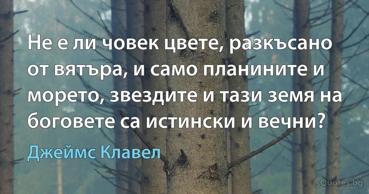 Не е ли човек цвете, разкъсано от вятъра, и само планините и морето, звездите и тази земя на боговете са истински и вечни? (Джеймс Клавел)