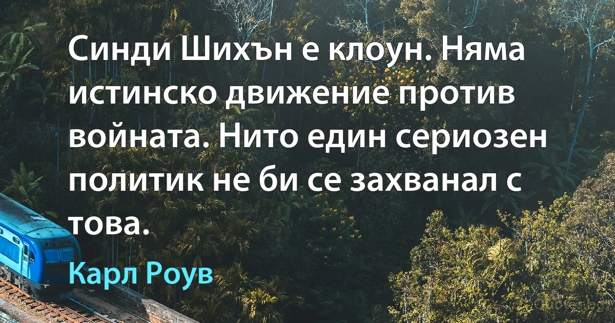 Синди Шихън е клоун. Няма истинско движение против войната. Нито един сериозен политик не би се захванал с това. (Карл Роув)