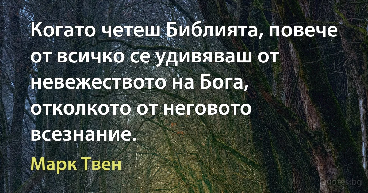 Когато четеш Библията, повече от всичко се удивяваш от невежеството на Бога, отколкото от неговото всезнание. (Марк Твен)