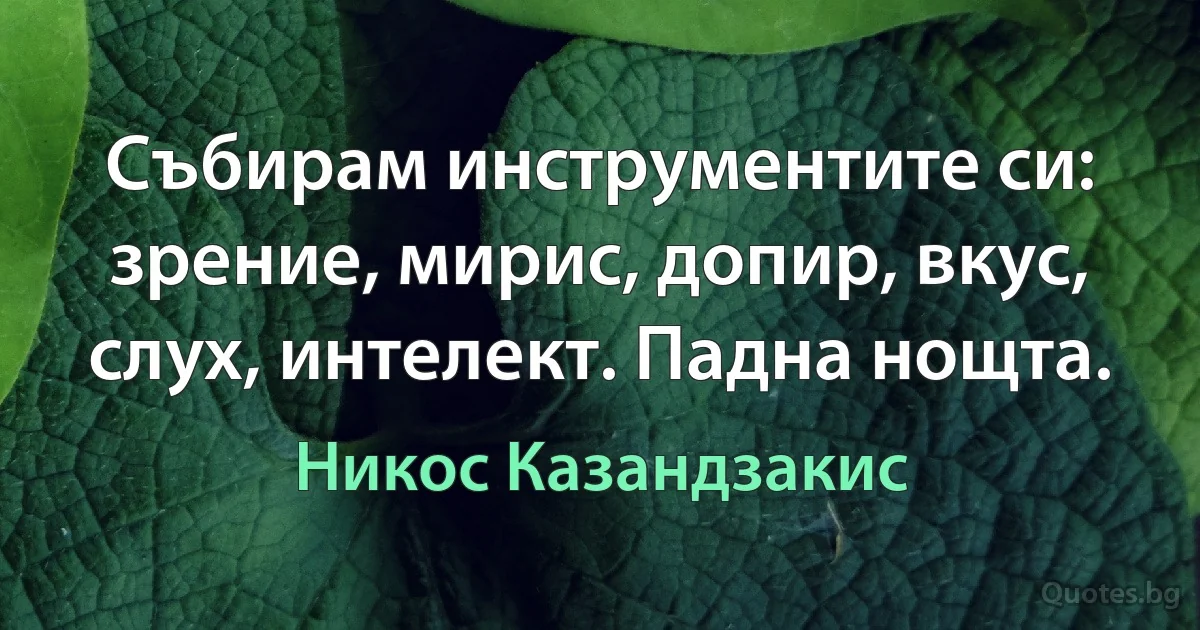 Събирам инструментите си: зрение, мирис, допир, вкус, слух, интелект. Падна нощта. (Никос Казандзакис)