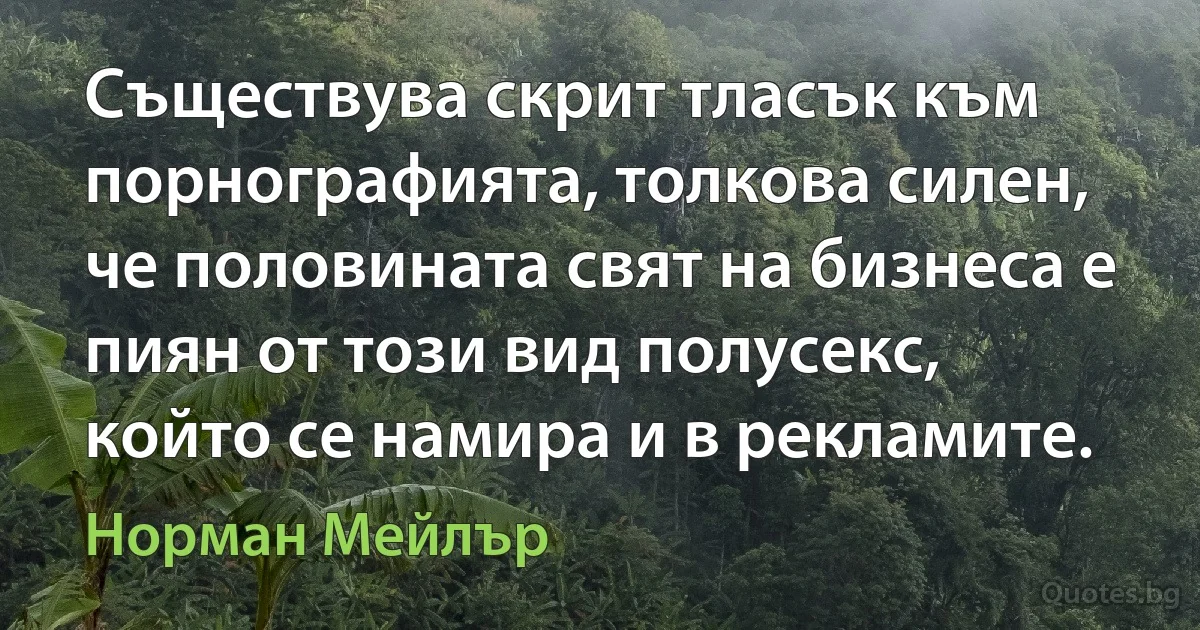 Съществува скрит тласък към порнографията, толкова силен, че половината свят на бизнеса е пиян от този вид полусекс, който се намира и в рекламите. (Норман Мейлър)