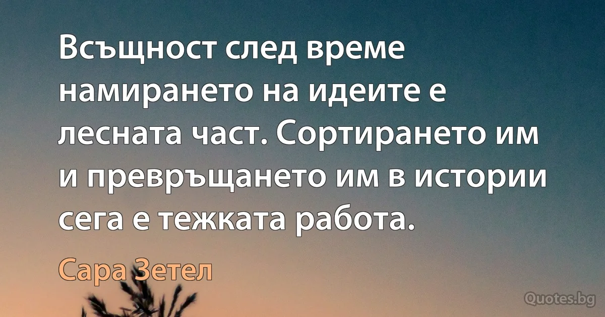 Всъщност след време намирането на идеите е лесната част. Сортирането им и превръщането им в истории сега е тежката работа. (Сара Зетел)