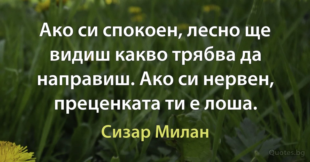 Ако си спокоен, лесно ще видиш какво трябва да направиш. Ако си нервен, преценката ти е лоша. (Сизар Милан)