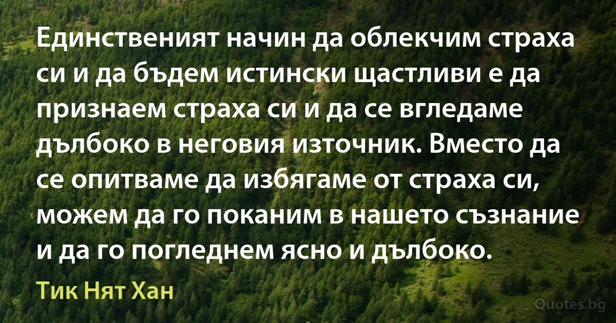 Единственият начин да облекчим страха си и да бъдем истински щастливи е да признаем страха си и да се вгледаме дълбоко в неговия източник. Вместо да се опитваме да избягаме от страха си, можем да го поканим в нашето съзнание и да го погледнем ясно и дълбоко. (Тик Нят Хан)