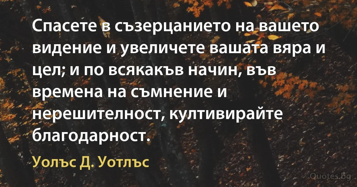 Спасете в съзерцанието на вашето видение и увеличете вашата вяра и цел; и по всякакъв начин, във времена на съмнение и нерешителност, култивирайте благодарност. (Уолъс Д. Уотлъс)