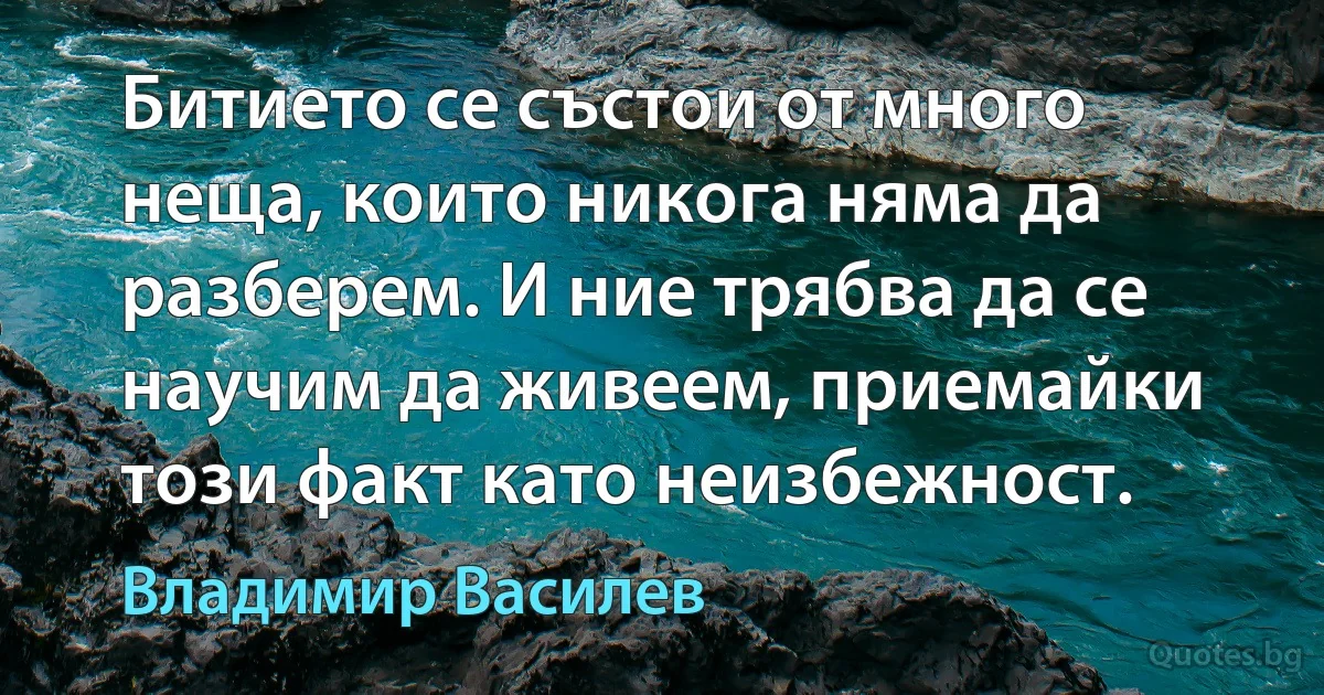 Битието се състои от много неща, които никога няма да разберем. И ние трябва да се научим да живеем, приемайки този факт като неизбежност. (Владимир Василев)